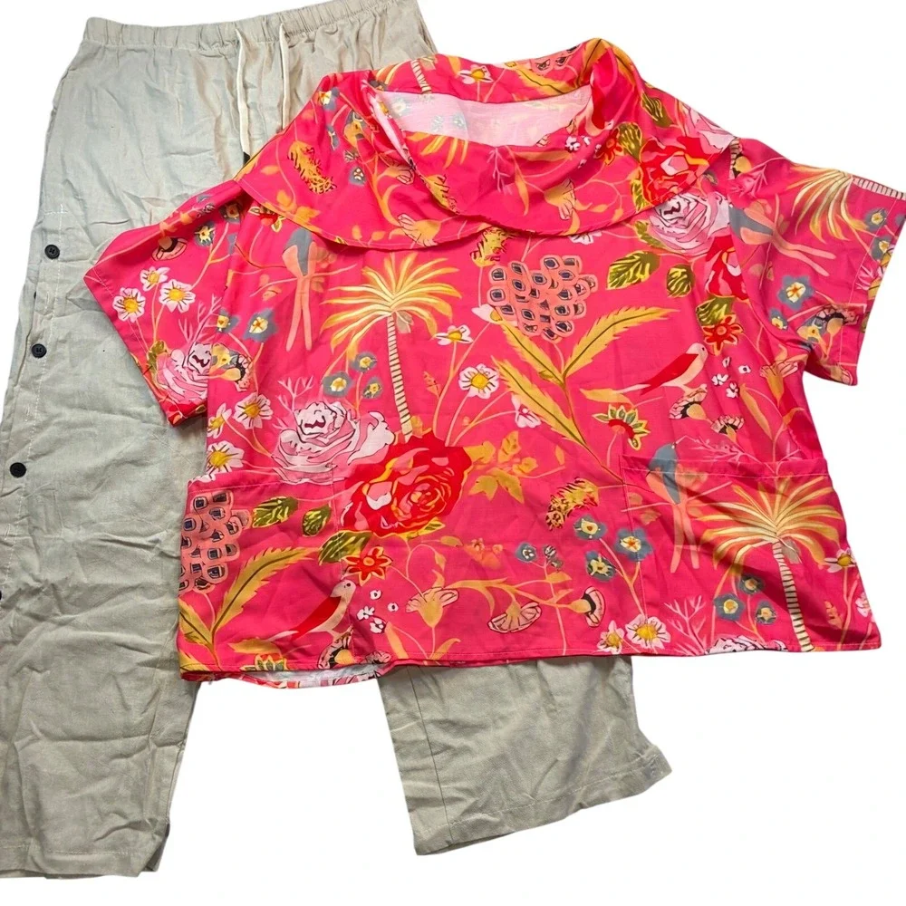 Pink Tropical Floral Top &‎ Beige Button Detail Pants Lounge Set Womens Medium
